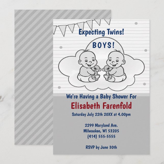 Erwartung von Twin Boys Cloud Baby Shower Gray Sha Einladung (Vorne/Hinten)