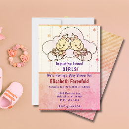 Erwartung von Twin Girls Cloud Baby Shower Retro Einladung