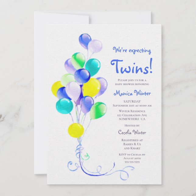 Erwartung von Twins Blue Balloons Babydusche Einladung (Vorderseite)
