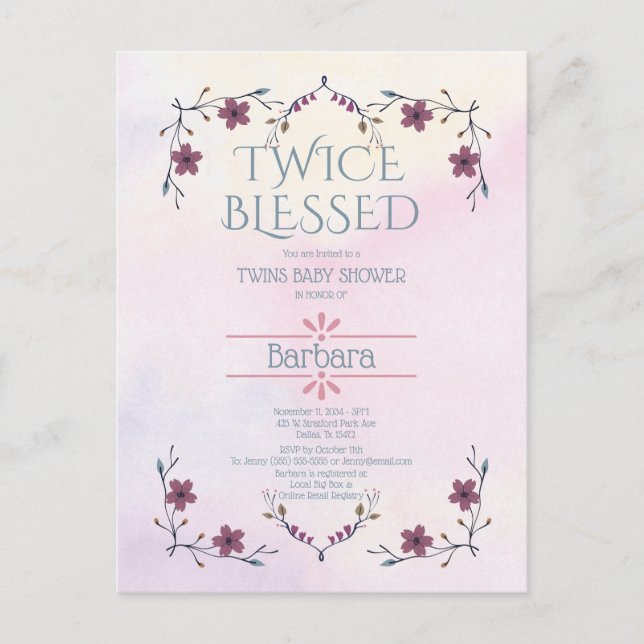 Erwartungen Twins: Boho Floral & Lavender Wasserfa Einladungspostkarte (Vorderseite)