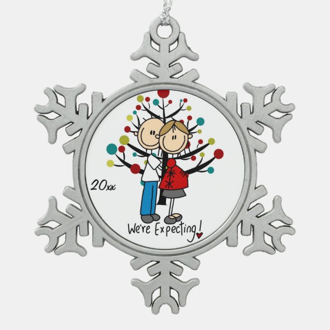 Erwartungsvolle Paar-Schneeflocke-Verzierung Schneeflocken Zinn-Ornament (Vorderseite)