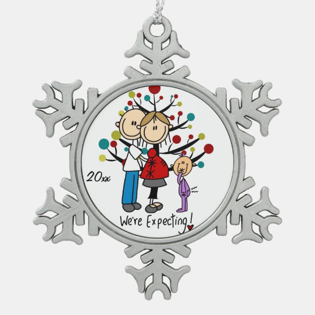 Erwartungsvolle Paare mit Schneeflocken Zinn-Ornament (Vorderseite)