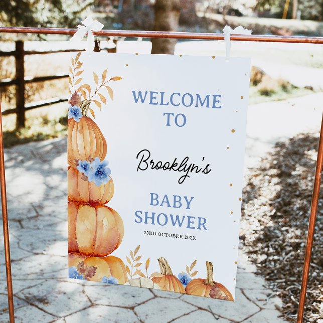 Erweiterung des Fotos Fotodruck (Boys Fall Little Pumpkin Baby Shower Welcome Sign, Blue Floral Pumpkin Welcome Autumn Baby Shower)