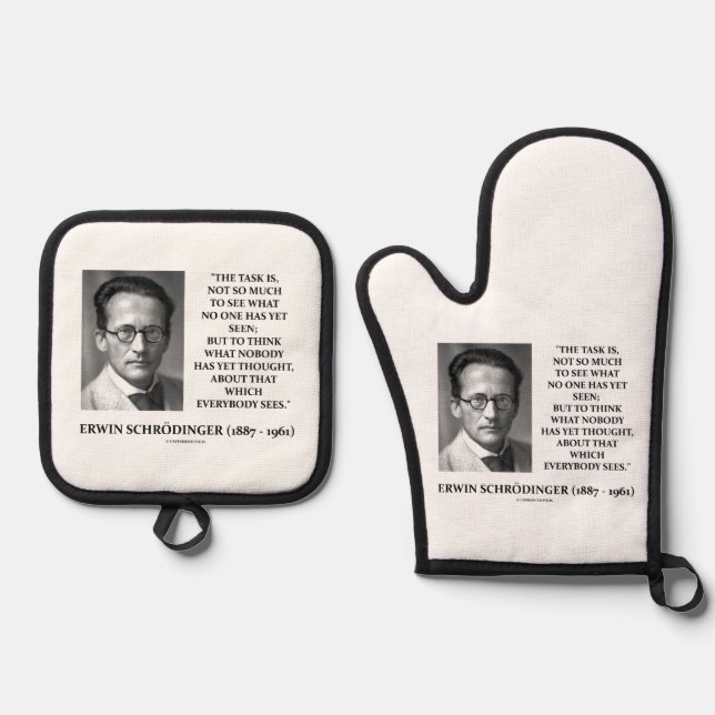 Erwin Schrödinger Task "Thunfisch bis heute denken Ofenhandschuh & Topflappen-Set (Vorderseite)
