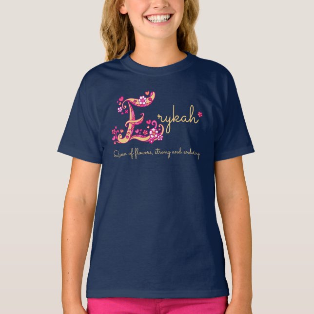 Erykah Girls Name bedeutet E Mongram Herz T-Shirt (Vorderseite)