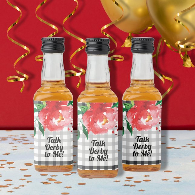 Erzählen Sie Derby mit mir Rose Schwarz-weiß Mini Alkoholflaschenetikett (Talk Derby to Me red rose on black and white mini liquor bottle labels)