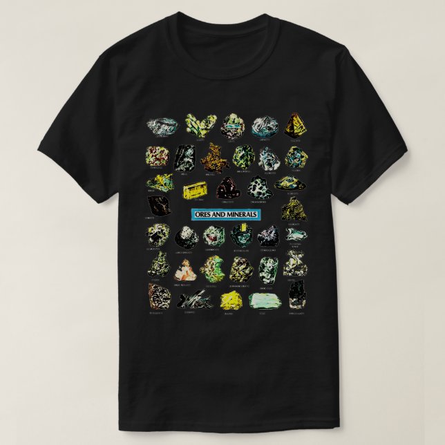 Erze und Mineralien Edelstahl- und Kristallrockens T-Shirt (Design vorne)