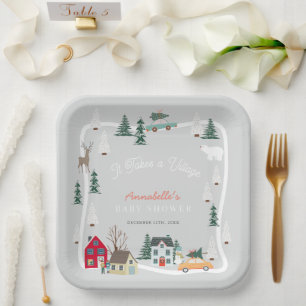 Es braucht ein Village Holiday Gray Baby Dusche Pappteller