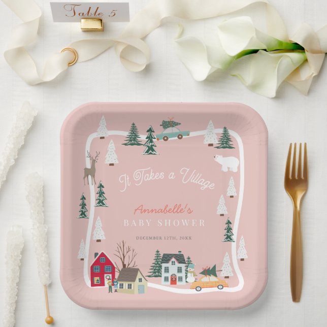 Es braucht ein Village Holiday Pink Baby Dusche Pappteller (Hochzeit)