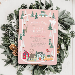 Es braucht eine Village Holiday Town Pink Baby Dus Einladung