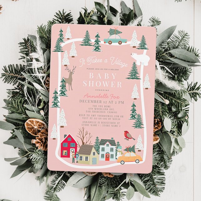 Es braucht eine Village Holiday Town Pink Baby Dus Einladung (Von Creator hochgeladen)