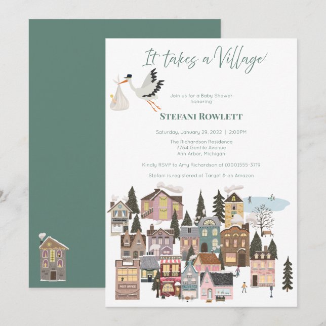 Es braucht eine Village Winter Baby Dusche mit Sto Einladung (Vorne/Hinten)