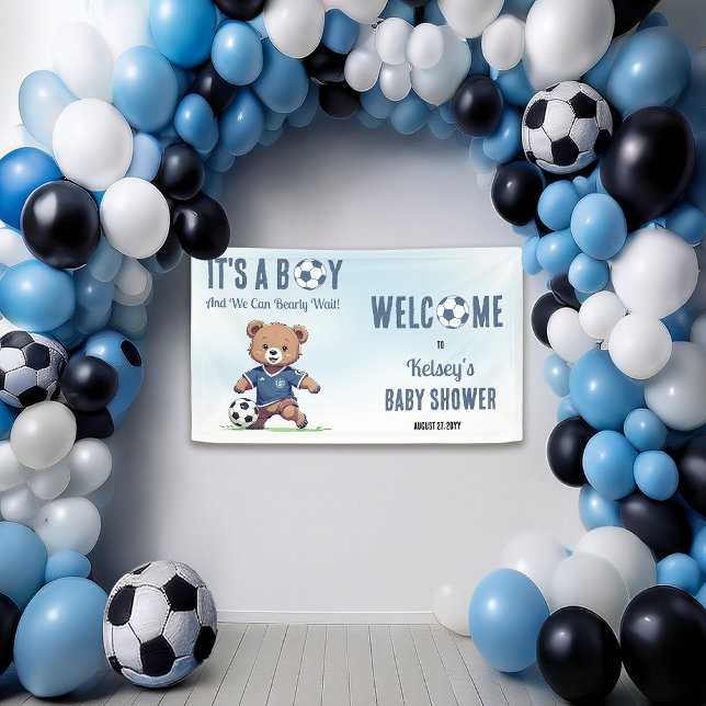 Es ist ein Baby Baby Baby Baby Baby Shower Bearly  Banner (Cute Blue "It's A Boy and We Can Bearly Wait!" Teddy Bear Soccer Player Boy Baby Shower Banner)