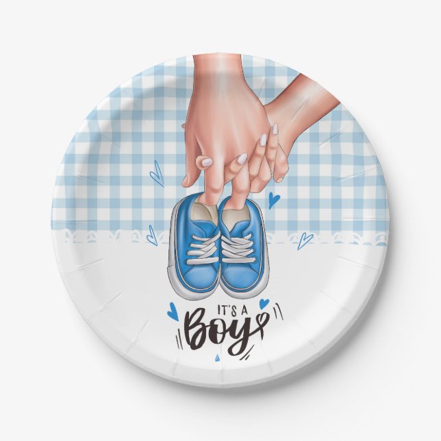 Es ist ein Baby-Dusche Blue Boy Shoes Pappteller (Vorderseite)
