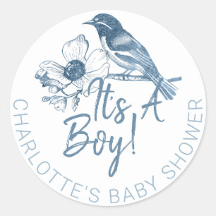 Es ist ein Baby-Duschkleber - Dusty Blue Bird Runder Aufkleber