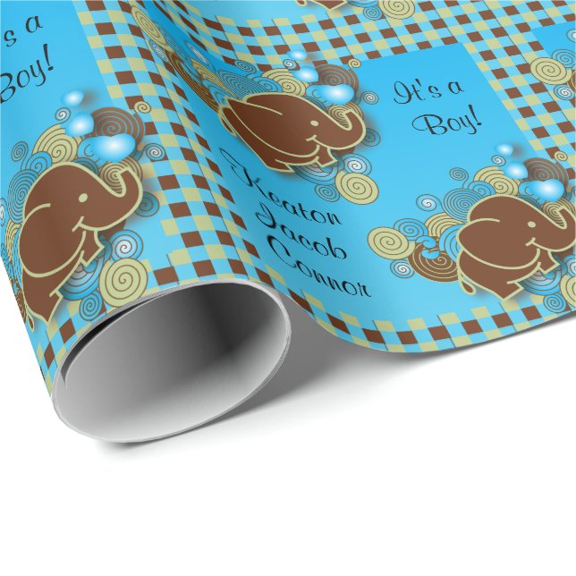 Es ist ein Baby-Elefant des Jungen-| |, das blau Geschenkpapier (Rolleneckpunkt)