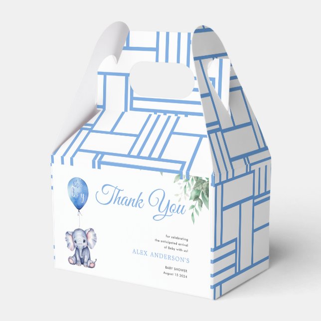 Es ist ein Baby Elephant Balloon Blue Baby Shower Geschenkschachtel (Vorderseite)