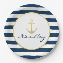 Es ist ein Baby Shower Nautical Navy Stripe Gold Pappteller