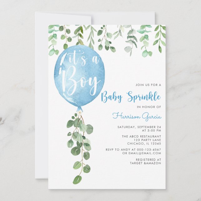 Es ist ein Baby-Sprinkle Eukalyptus-Ballon invita Einladung (Vorderseite)
