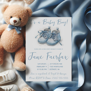 Es ist ein Babyjunge! Blaue Babyschuhe Baby Showe Einladung