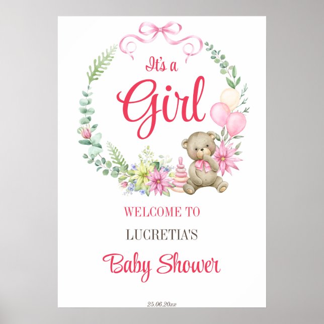 Es ist ein Blumengeschirr mit Babydusche und Begrü Poster (Vorne)