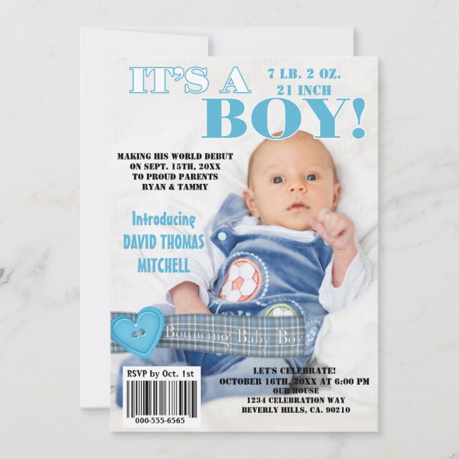 Es ist ein Bouncing Baby Boy Magazine Cover Einladung (Vorderseite)