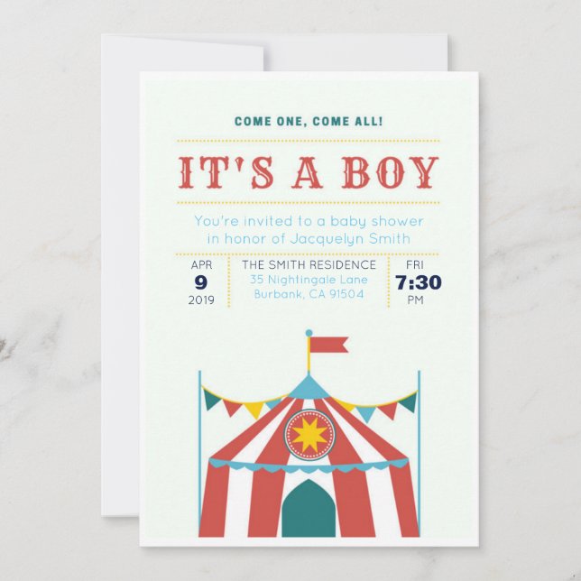 Es ist ein Boy Baby Shower Invitation Circus Einladung (Vorderseite)