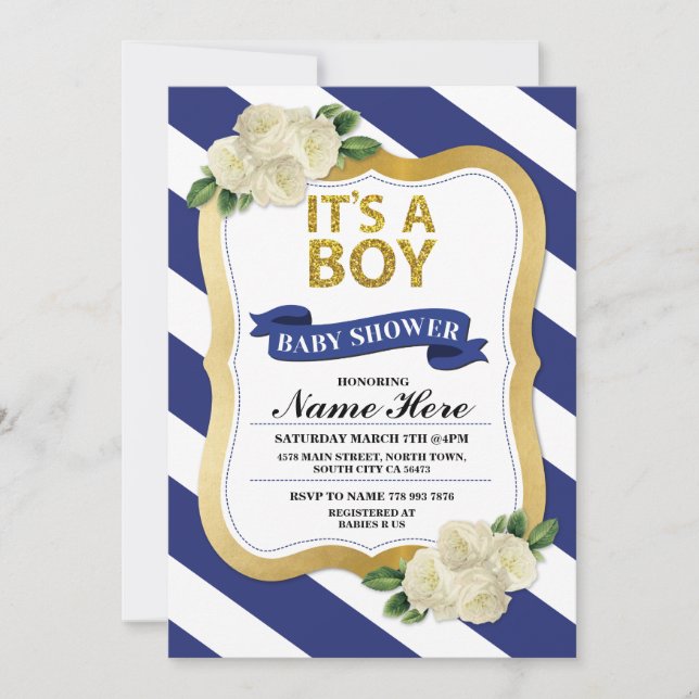 Es ist ein Boy Baby Shower Navy Gold Stripe Einlad Einladung (Vorderseite)