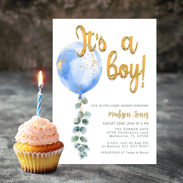 Es ist ein Boy Blue Balloon Baby Shower Gold Scrip Einladung (It's a boy invitation)