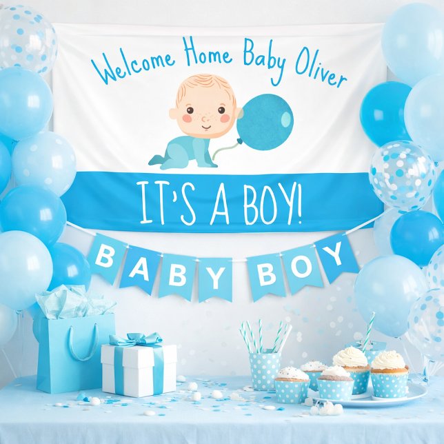 Es ist ein Boy Blue Balloon Welcome Zuhause Banner (Von Creator hochgeladen)
