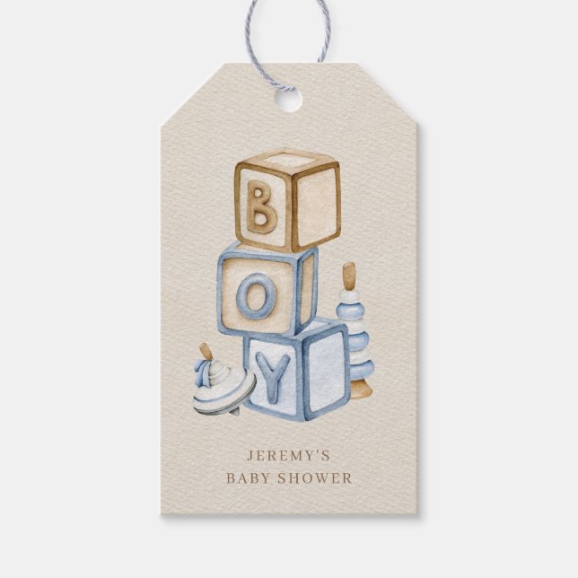 Es ist ein Boy Blue Boho Holzblöcke und Spielzeug Geschenkanhänger (Vorderseite)