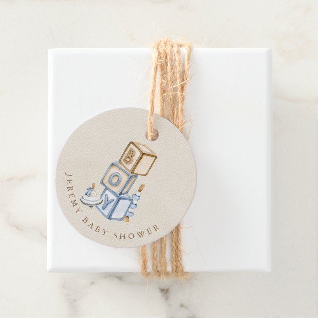Es ist ein Boy Blue Boho Holzblöcke und Spielzeug Geschenkanhänger (Beispiel)