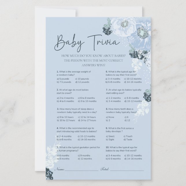 Es ist ein Boy Blue Floral Baby Shower Trivia Spie (Vorderseite)