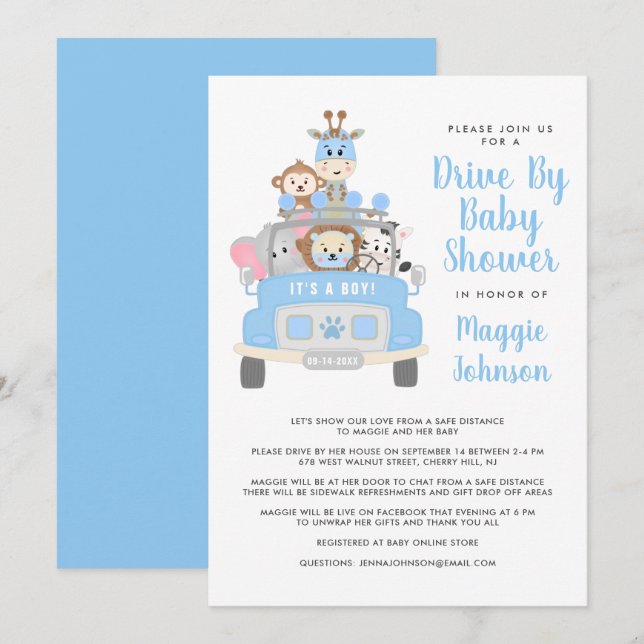 Es ist ein Boy Drive By Animal Safari Blue Baby Du Einladung (Vorne/Hinten)