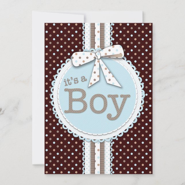 Es ist ein Boy Ribbon & Bow Baby Dusche Blue Dots Einladung (Vorderseite)