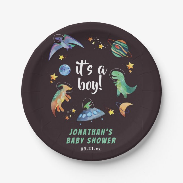Es ist ein Boy Space Dinosaurier Galaxy Baby Showe Pappteller (Vorderseite)