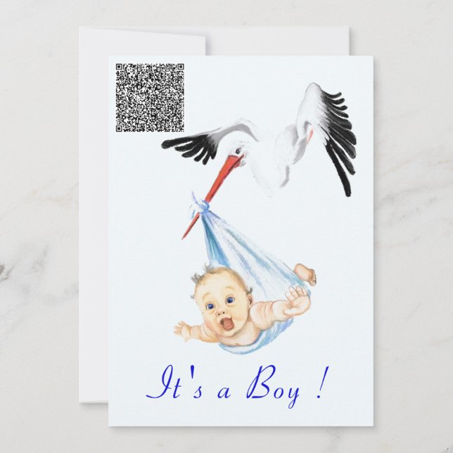 Es ist ein Boy Stork Baby Boy Shower Invite QR Cod (Rückseite)