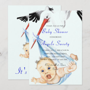 Es ist ein Boy Stork, der eine Babydusche trägt. E