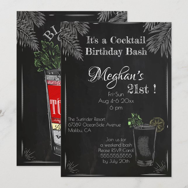 Es ist ein Cocktail Geburtstag Bash 21. Einladung (Vorne/Hinten)