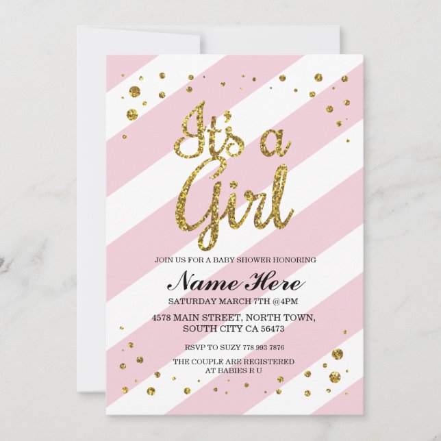 Es ist ein Girl Baby Dusche Pink Stripe Gold Einla Einladung (Vorderseite)