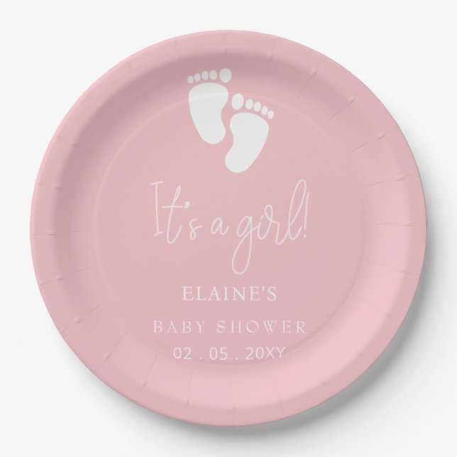 Es ist ein Girl Baby Footprint Niedlich Pink Baby  Pappteller (Vorderseite)