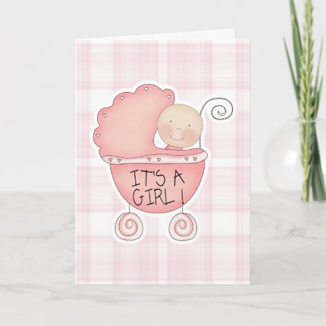 Es ist ein Girl Pink Baby Buggy Glückwunsch Karte (Vorderseite)