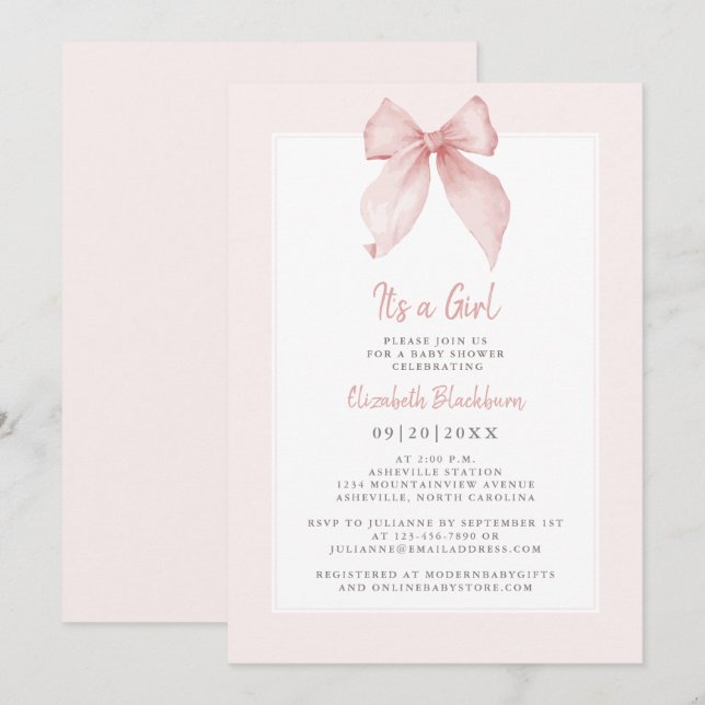 Es ist ein Girl Pink Bow Baby Dusche Coquette Eleg Einladung (Vorne/Hinten)