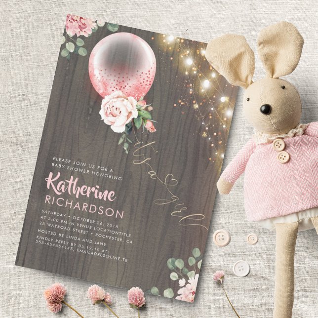 Es ist ein Girl Pink Gold Ballon Rustic Baby Showe Einladung (Von Creator hochgeladen)