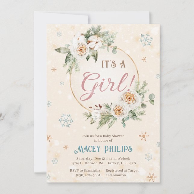 Es ist ein Girl Winter Wonderland Baby Dusche Spri Einladung (Vorderseite)