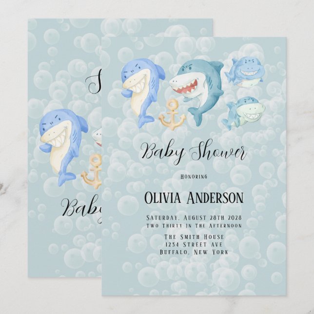 Es ist ein Hai mit Bubbles Baby Dusche Einladung (Vorne/Hinten)