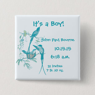 Es ist ein Junge! Aqua Vintage Vogel Mama Papa Bab Button