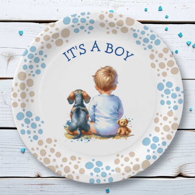 Es ist ein Junge | Baby- und Dackel Puppy-Baby-Dus Pappteller (Von Creator hochgeladen)