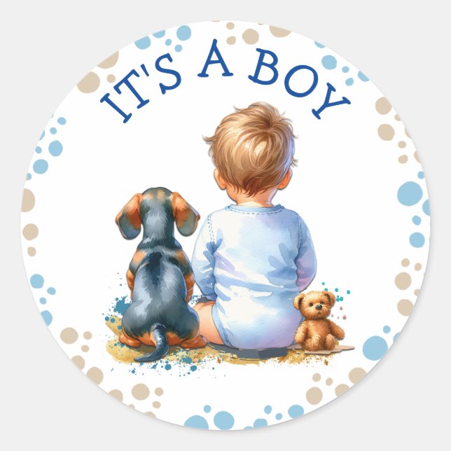 Es ist ein Junge | Baby- und Dackel Puppy-Baby-Dus Runder Aufkleber (Vorderseite)