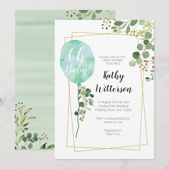 Es ist ein Junge Ballon Greenery oh Babydusche Einladung (Vorne/Hinten)